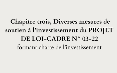Chapitre trois, Diverses mesures de soutien à l’investissement du PROJET DE LOI-CADRE N° 03-22 formant charte de l’investissement